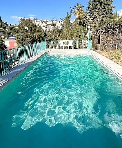 Una gran piscina está rodeada de árboles y una valla.