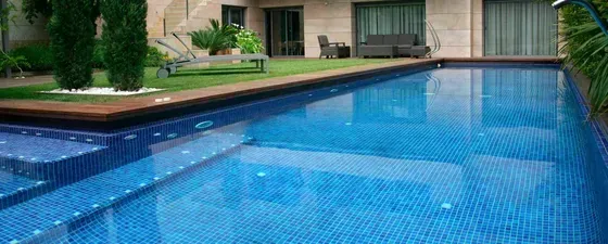 Hay una gran piscina en el patio trasero de una casa.