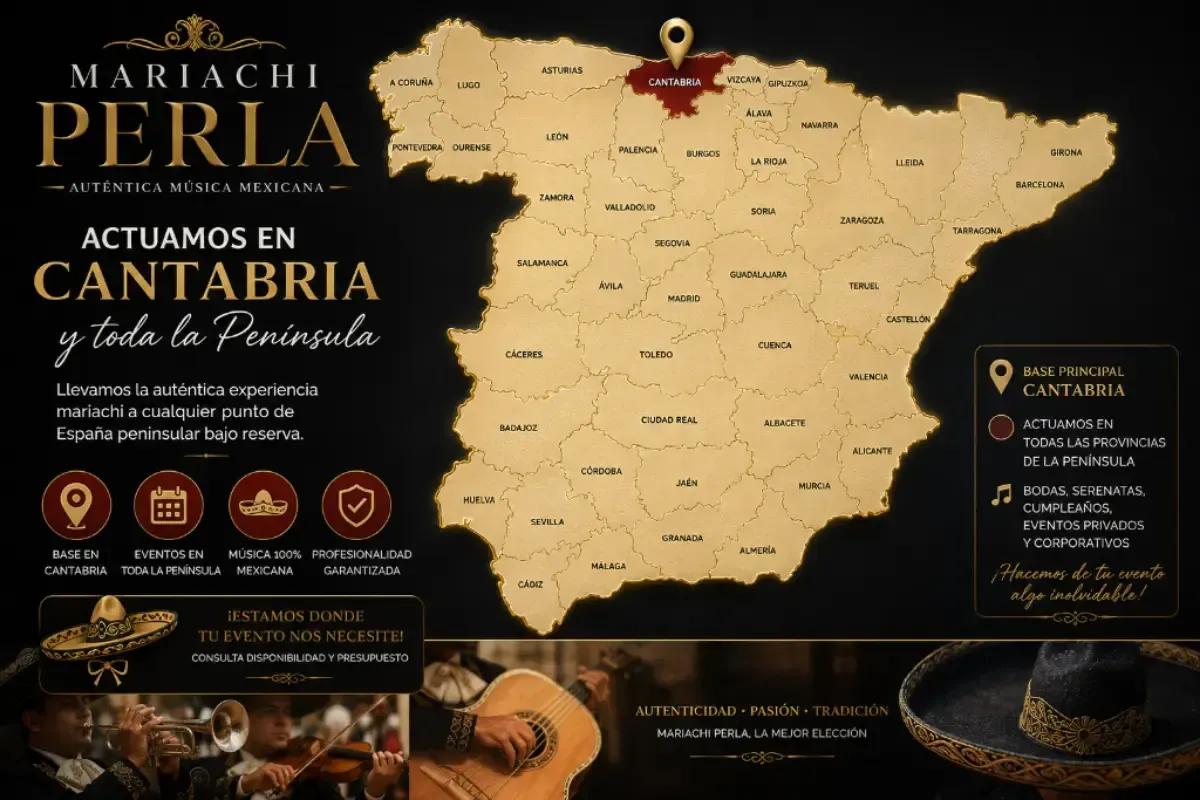 Cartel negro del concierto de Mariachi Perla, con un mapa dorado de Cantabria y los detalles del evento.