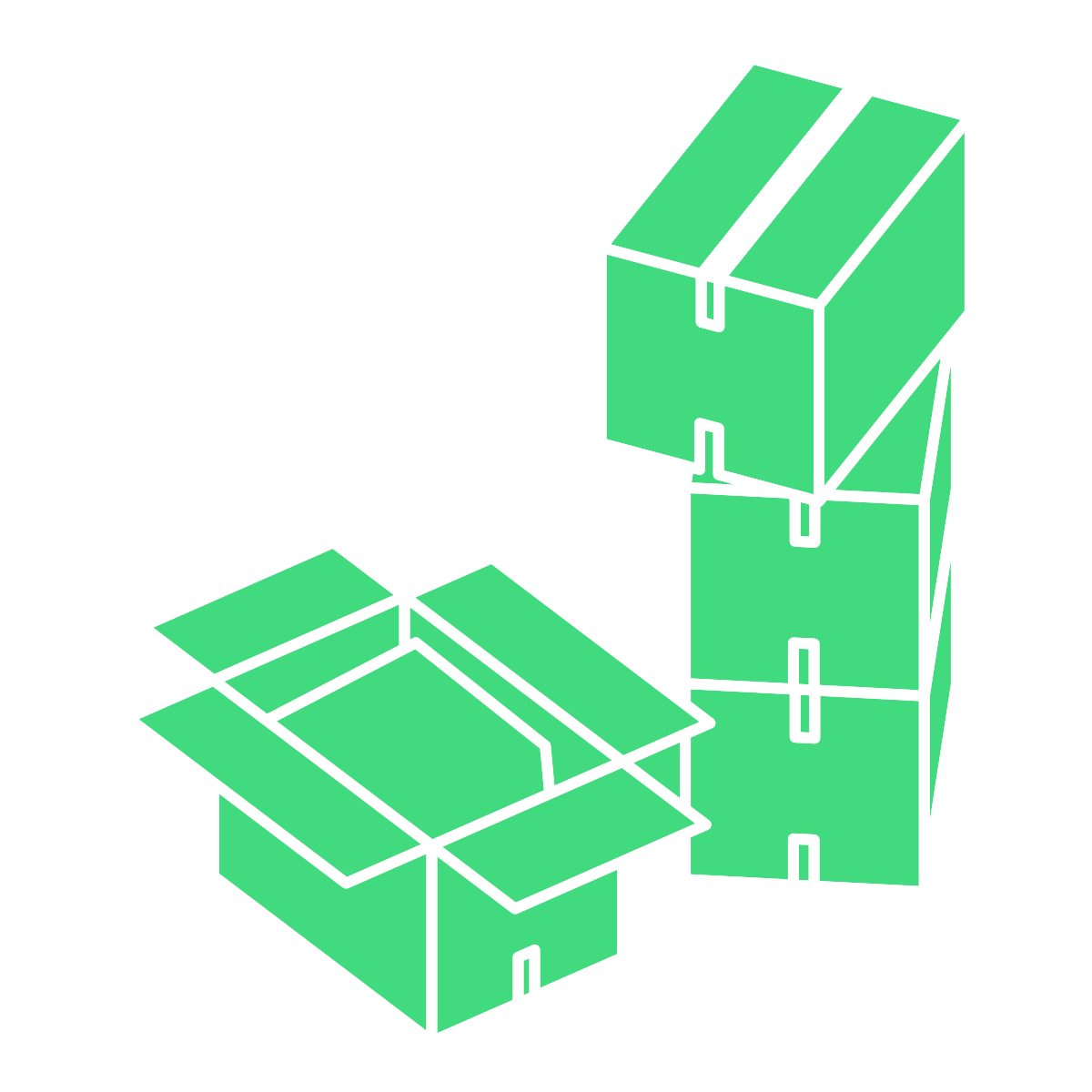 Un dessin vert clair représentant une boîte en carton ouverte à côté d'une pile verticale de trois boîtes en carton fermées.