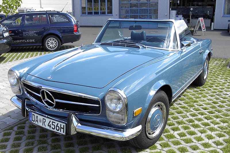 Blaues Oldtimer-Cabriolet von Mercedes-Benz parkt auf einem ziegelsteinartigen Pflaster; hellblauer Lack, weißes Verdeck.