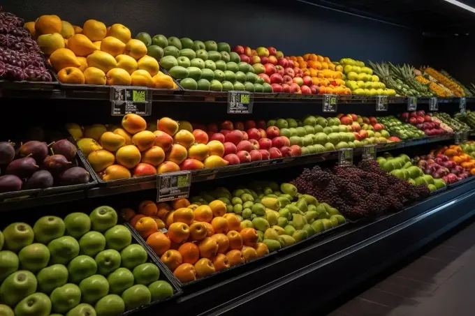 Estantes llenos de diversas frutas frescas en una tienda de comestibles.