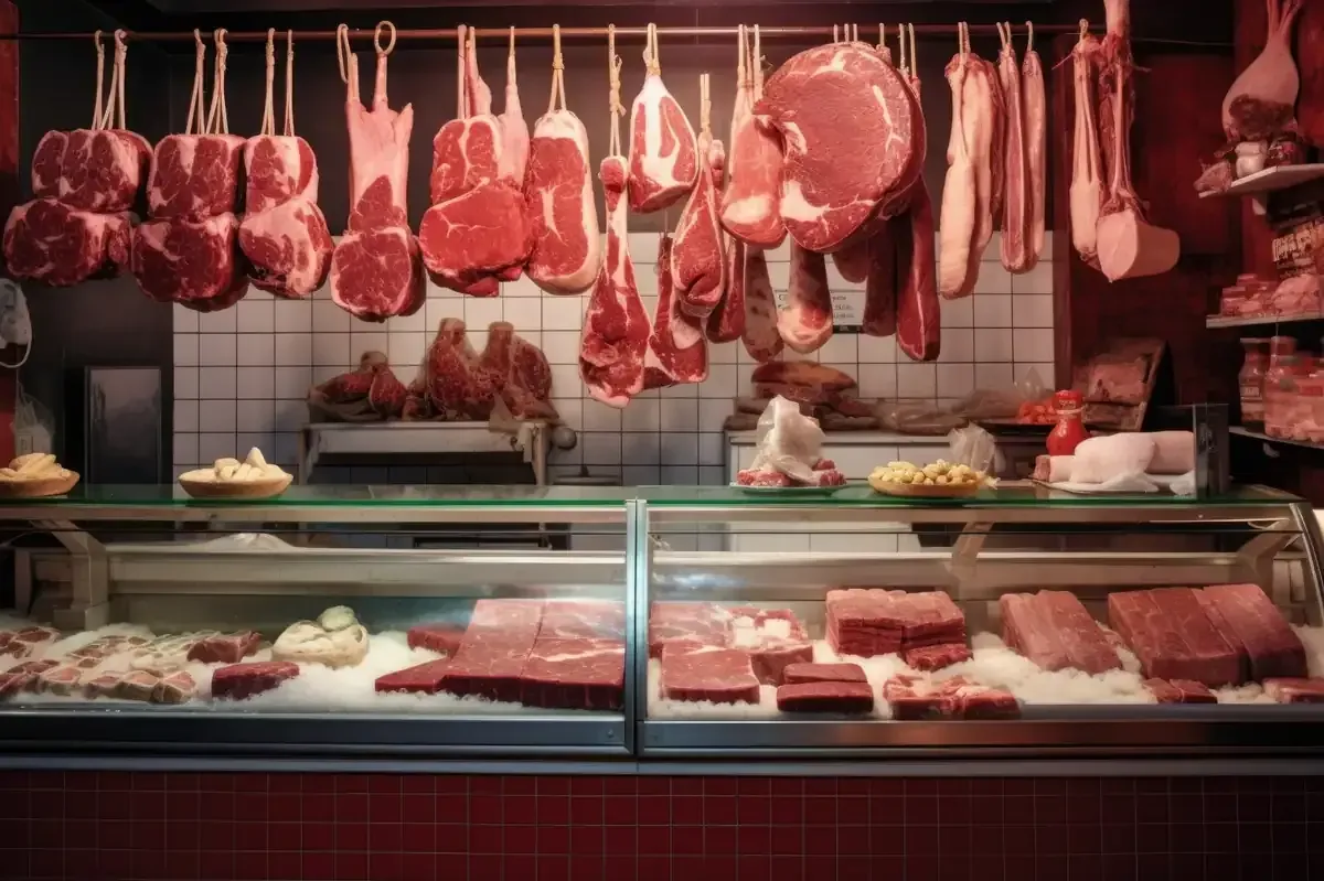 Exhibición de carnicería con cortes de carne colgados y exhibición refrigerada de varios cortes.
