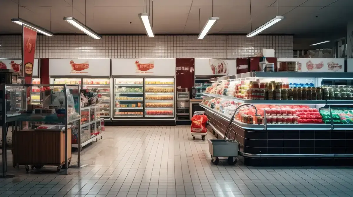 Interior de tienda de comestibles con vitrinas refrigeradas, piso de baldosas y luces fluorescentes en el techo.