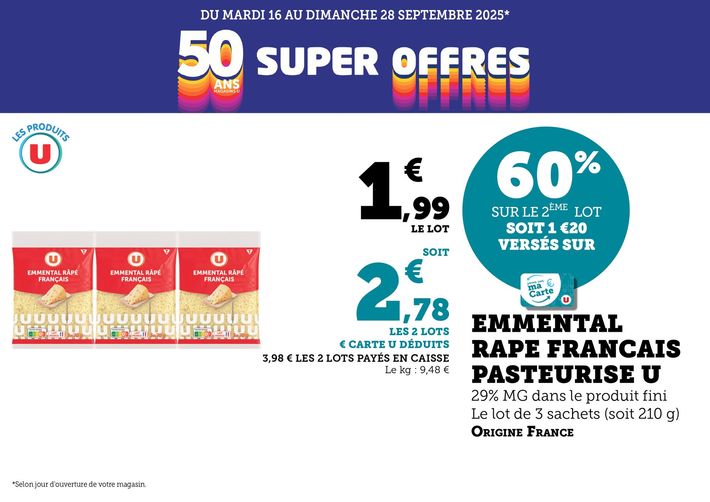 Du mardi 16 au dimanche 28 septembre 2025 : Les super offres 50 ans. Emmental râpé français pasteurisé U, 29 % de matière grasse dans le produit fini, origine France, le lot de 3 sachets (soit 210 grammes) : 1,99 € le lot soit 2,78 € les 2 lots (€ carte U déduite, 3,98 € les 2 lots payés en caisse), soit 60 % sur le 2e lot, soit 1,20 € versés sur la carte U. Le kilogramme : 9,48 €.