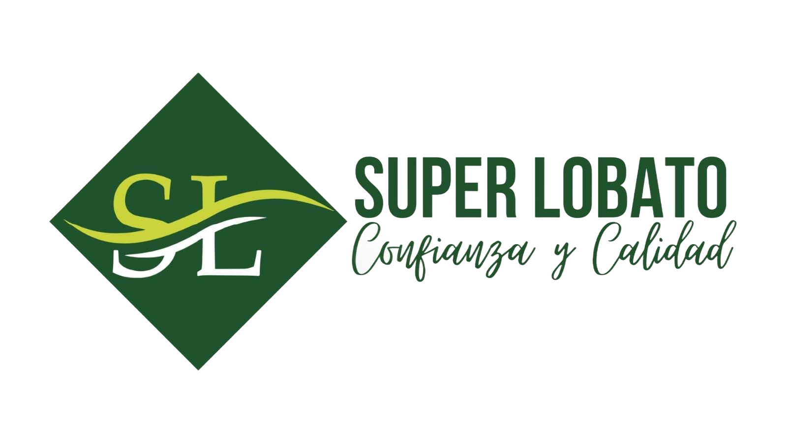 Logotipo para Super Lobato con emblema &ldquo;SL&rdquo; en diamante verde y el lema &ldquo;Confianza y Calidad&rdquo; en texto verde oscuro.