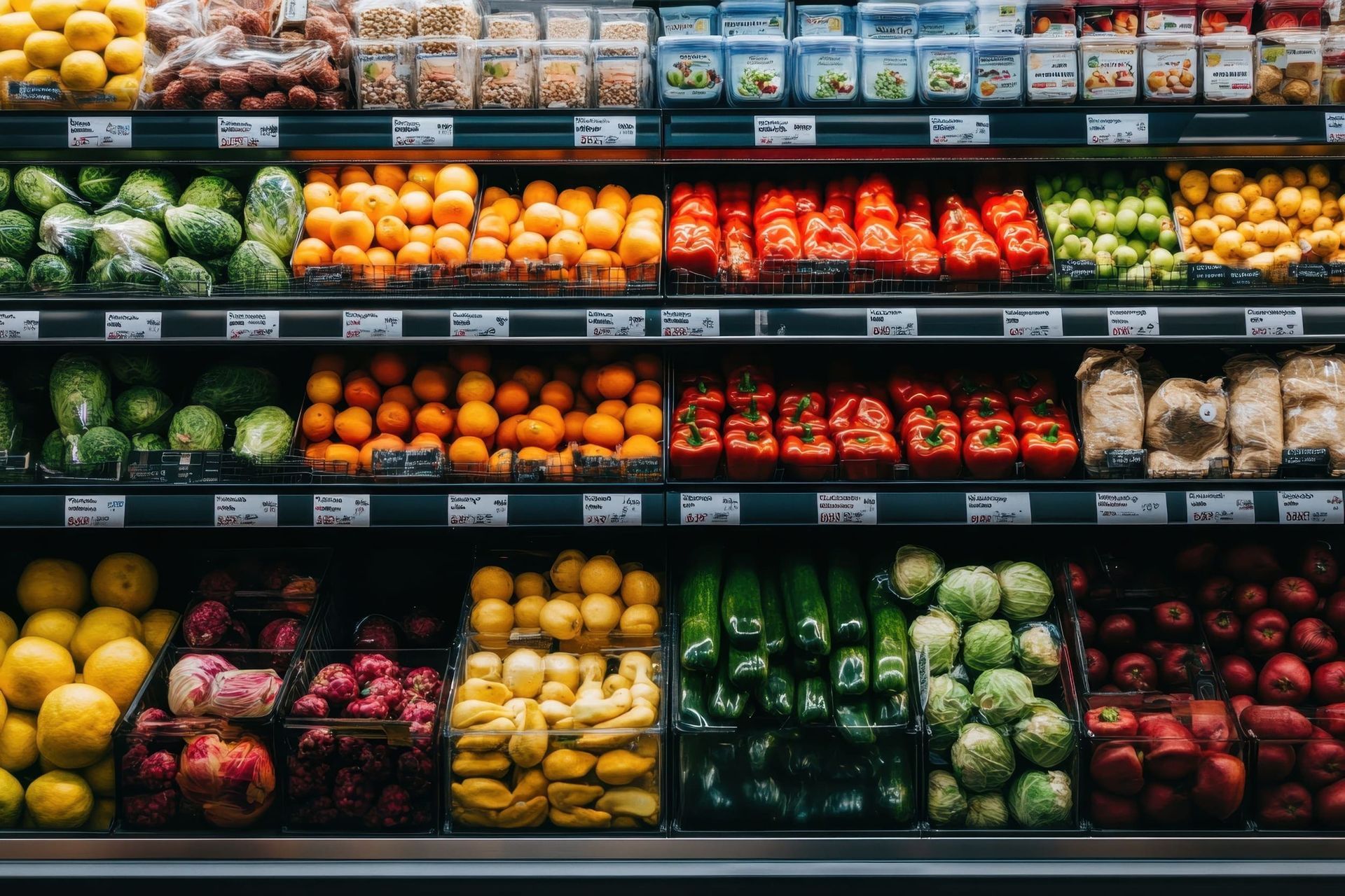 Un pasillo de productos agrícolas de una tienda de comestibles con estantes repletos de una variedad de frutas y verduras coloridas.