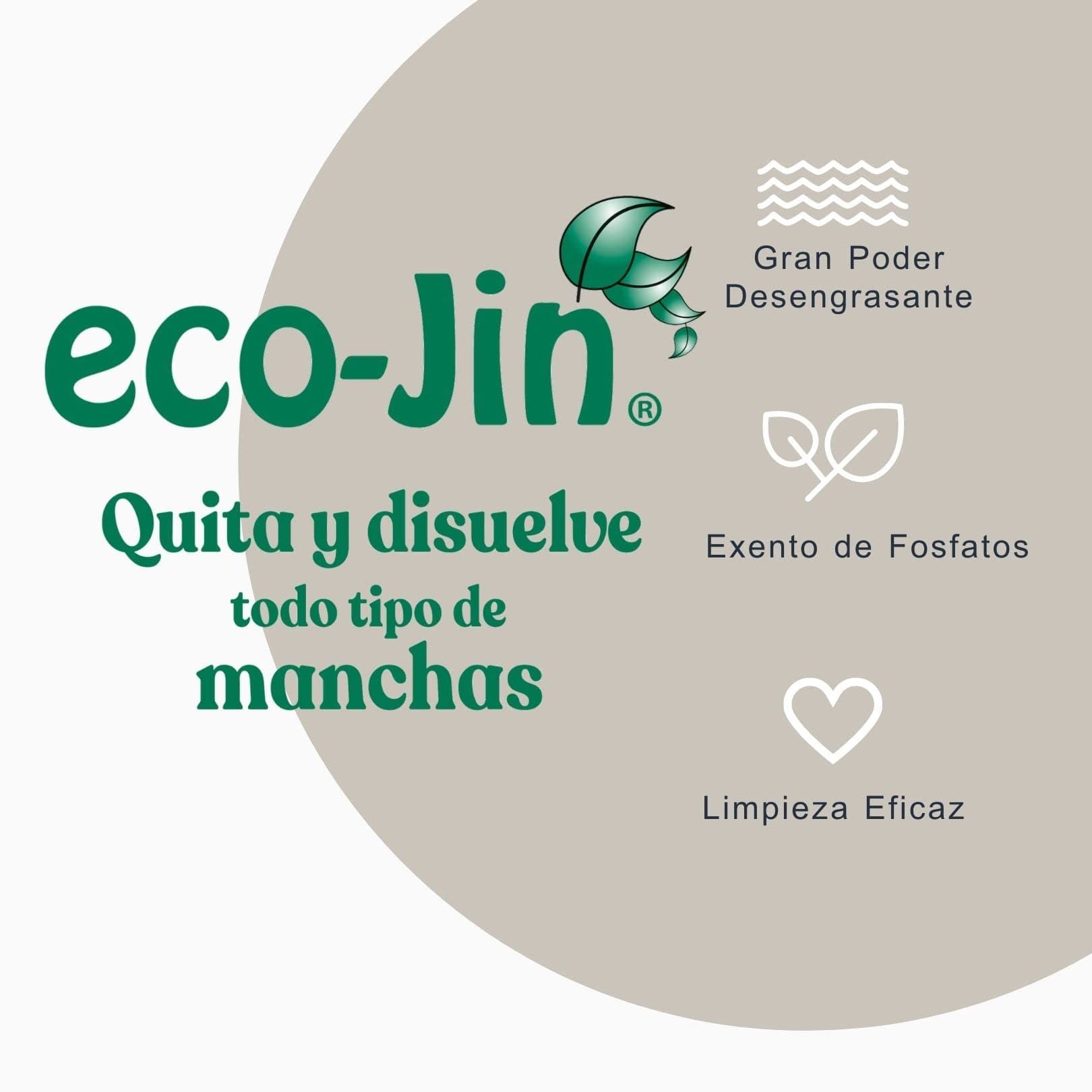 Un logotipo eco-Jin en un círculo beige con texto que describe la eliminación de manchas y los beneficios de limpieza ecológica.