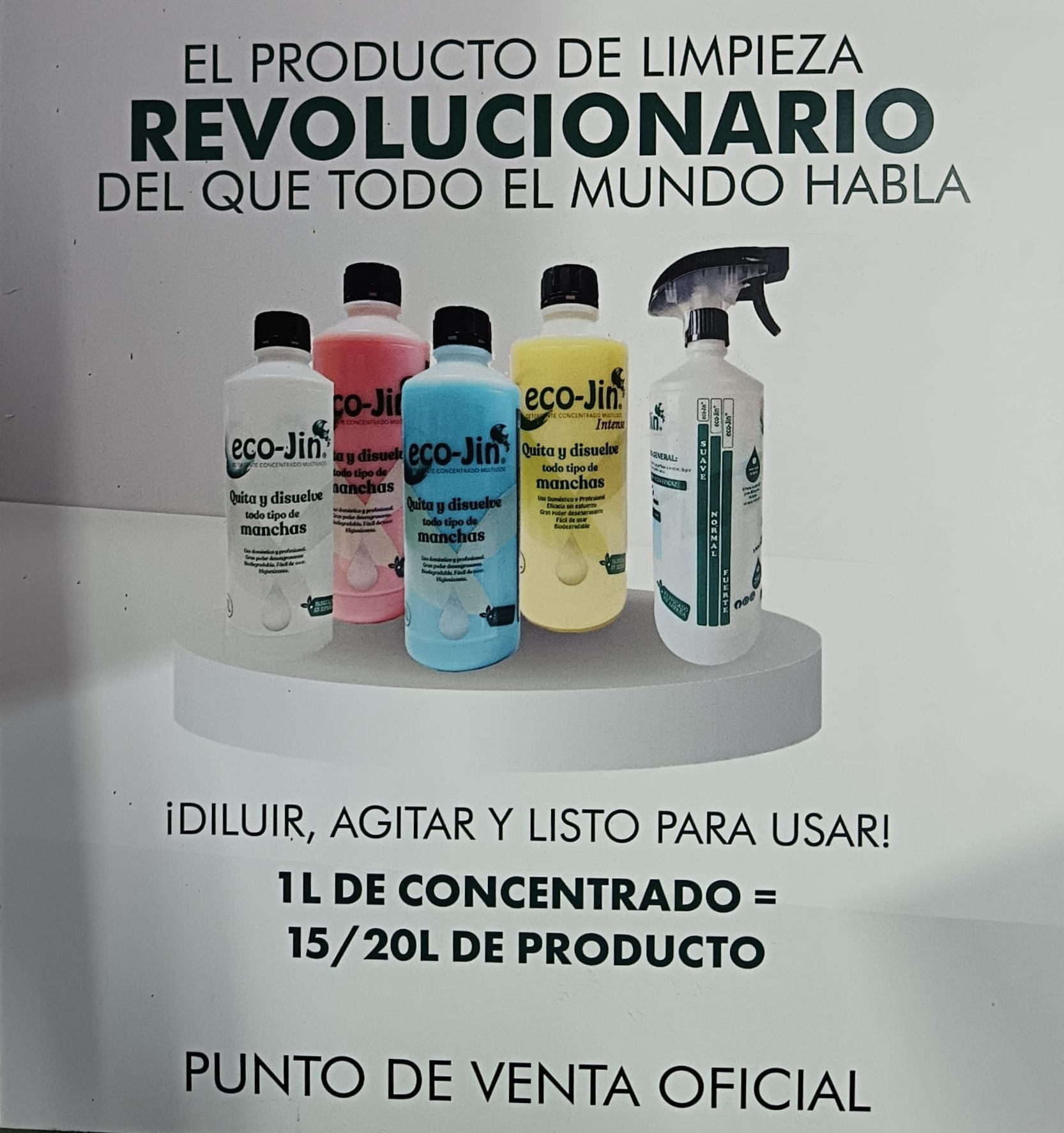 Un cartel promocional de los productos de limpieza Eco-Jin que muestra cinco botellas coloridas en una plataforma con instrucciones de dilución.