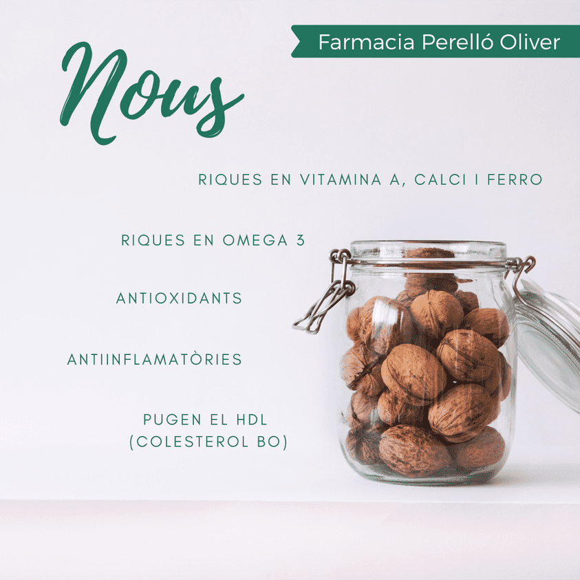 Un tarro de nueces junto a un texto en español que enumera sus beneficios para la salud, sobre un fondo blanco.