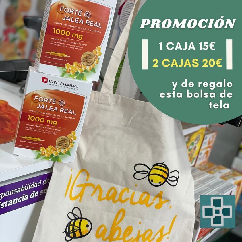 Promoción de jalea real con dos cajas y bolsa de tela con dibujo de abeja y texto “¡Gracias abejas!”