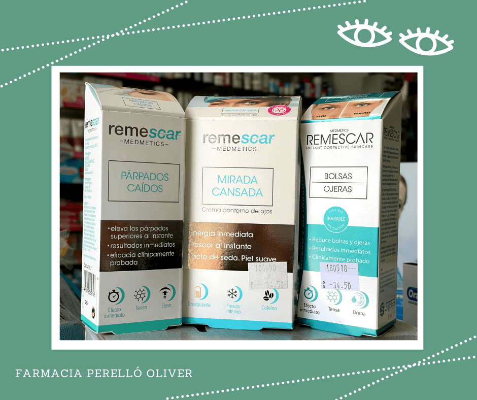 Tres cajas de productos para el cuidado de la piel Remescar exhibidas sobre un fondo verde con ojos blancos decorativos y líneas punteadas.
