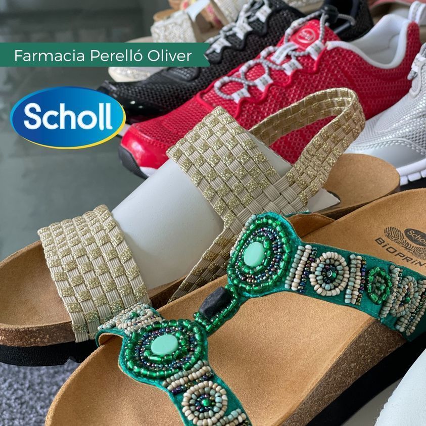 Sandalias de mujer surtidas en color beige, verde y rojo con los logotipos de Scholl y Farmacia Perelló Oliver.