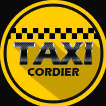 Cercle jaune avec l'inscription TAXI CORDIER sous un motif &agrave; damier noir et blanc.