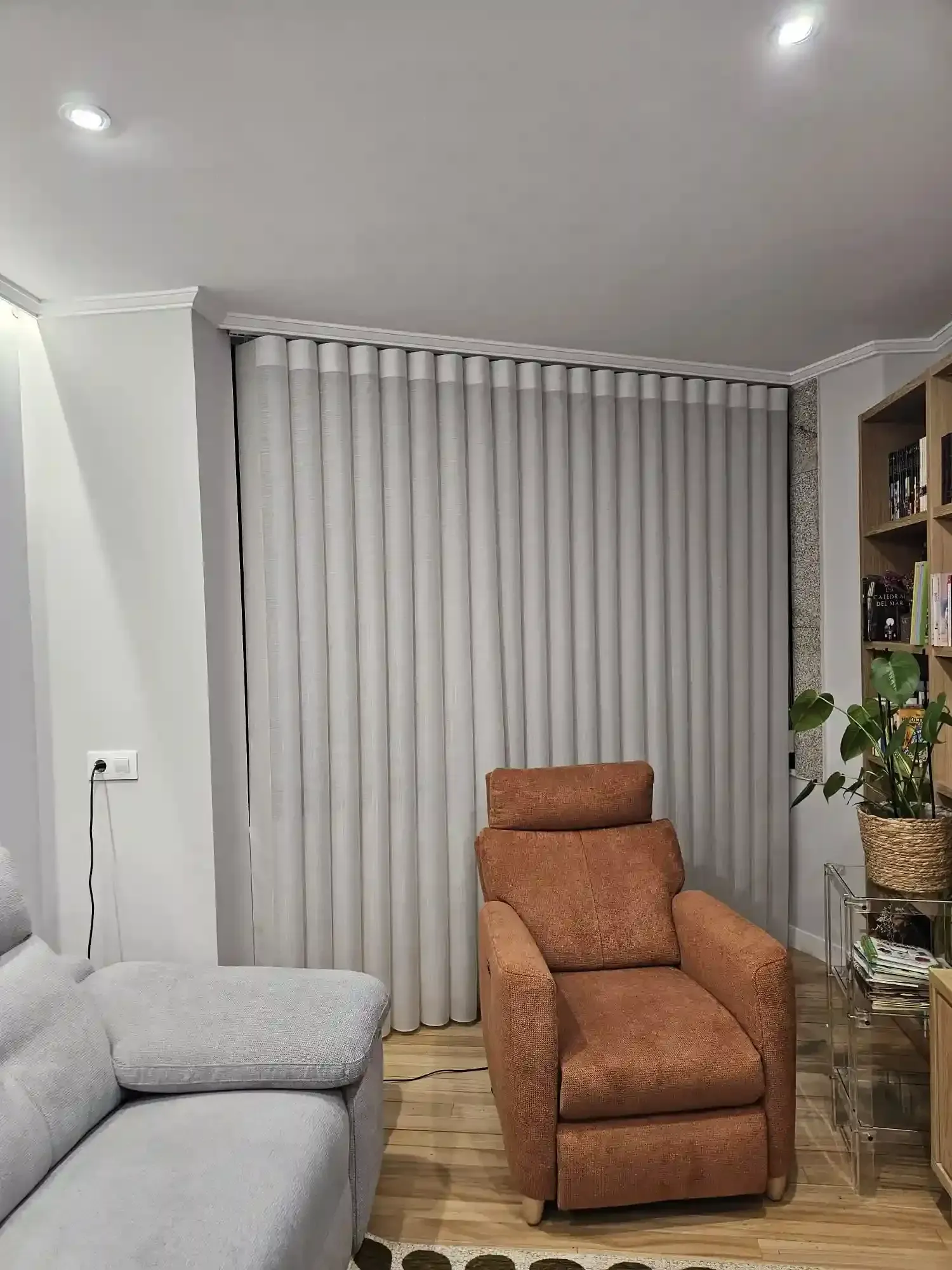 Sala de estar con sofá gris, sillón reclinable marrón, persianas verticales y una estantería con plantas.
