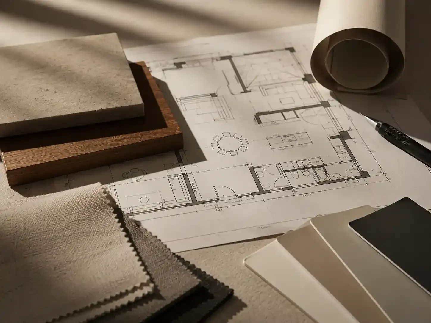 Planos arquitectónicos con muestras de tela, muestras de color y material enrollado sobre un escritorio.