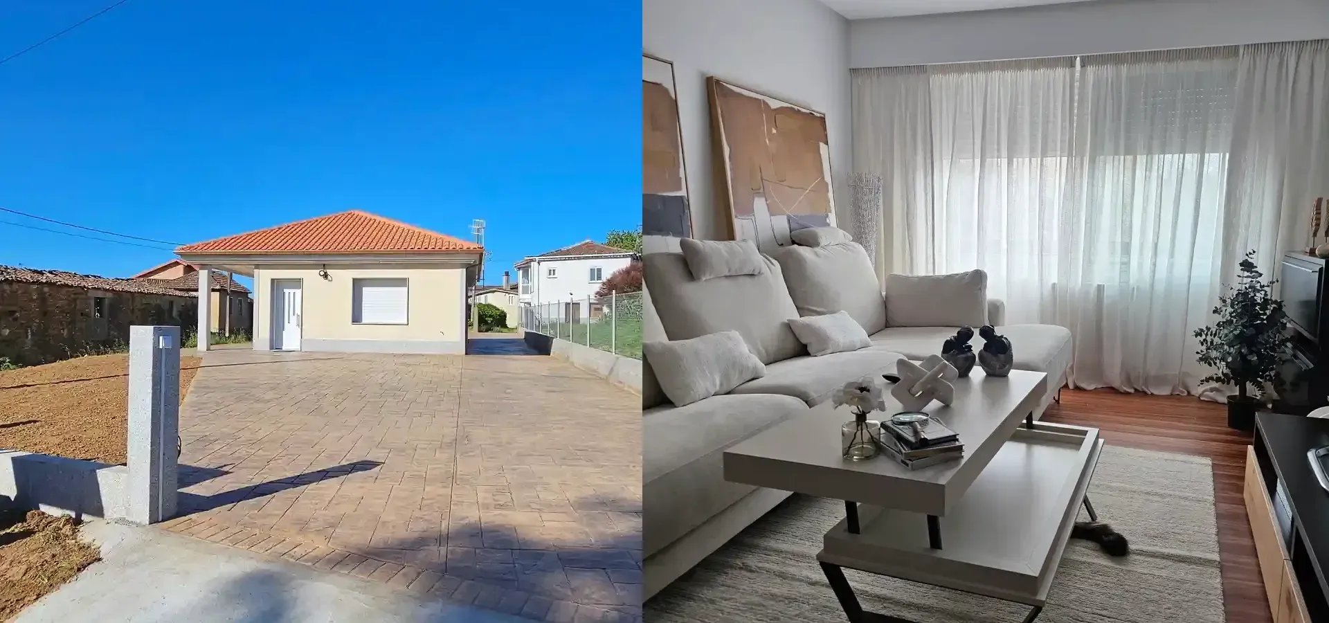 Imagen dividida: exterior de una casa pequeña y una luminosa sala de estar con sofá, mesa de centro y cortinas.