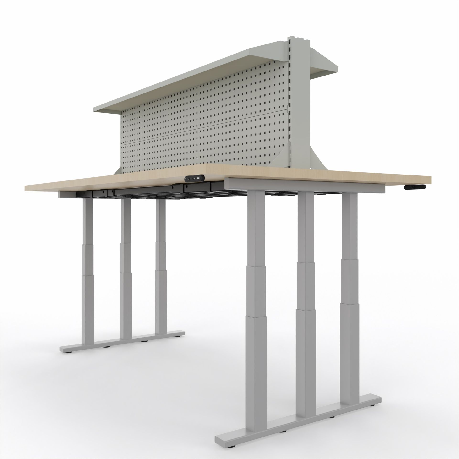 Elektrisch höhenverstellbares Schwerlastgestell mit 4flexMONTI-Technologie, das für eine flexible Anpassung an verschiedene Arbeitsbedingungen und maximale Stabilität konzipiert wurde.