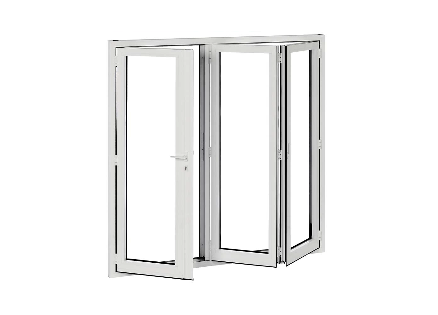 Eine weiße Falttür mit einem Griff auf weißem Hintergrund.