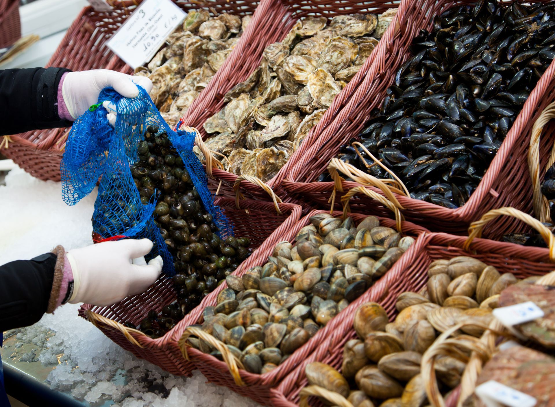 Des mains gantées sélectionnent des fruits de mer dans des paniers de coquillages et de moules sur un étal de marché