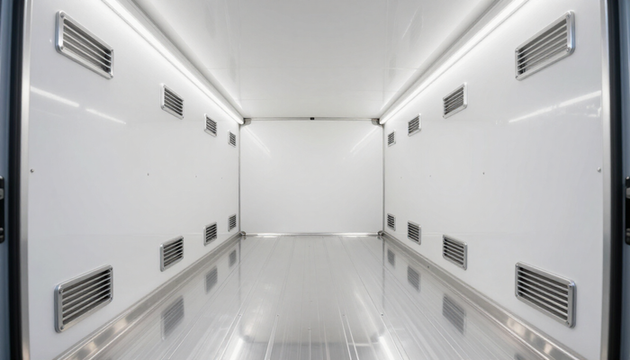 Habitación industrial blanca y vacía con paredes metálicas, rejillas de ventilación y suelo reflectante.