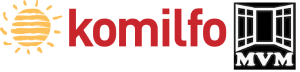 Accueil Logo de "komilfo" avec une icône de soleil et un logo de fenêtre, "MVM".