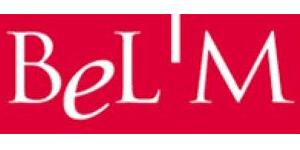 Logo "BeL'M" blanc sur fond rouge.