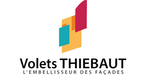 Logo des Vollets THIEBAUT, avec des rectangles colorés superposés et le texte "L'EMBELLISSEUR DES FAÇADES".