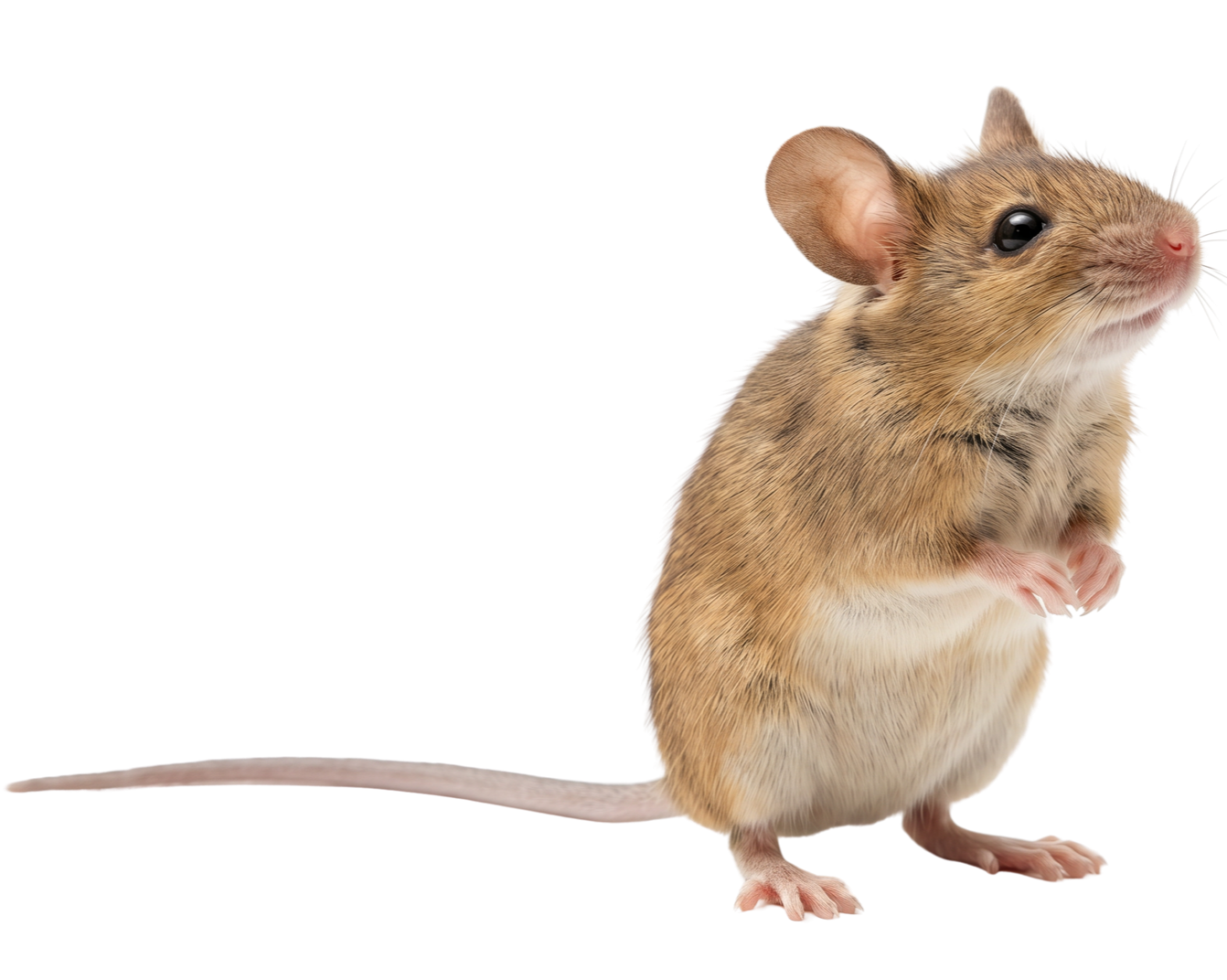 Souris brune debout sur ses pattes arrière sur fond blanc