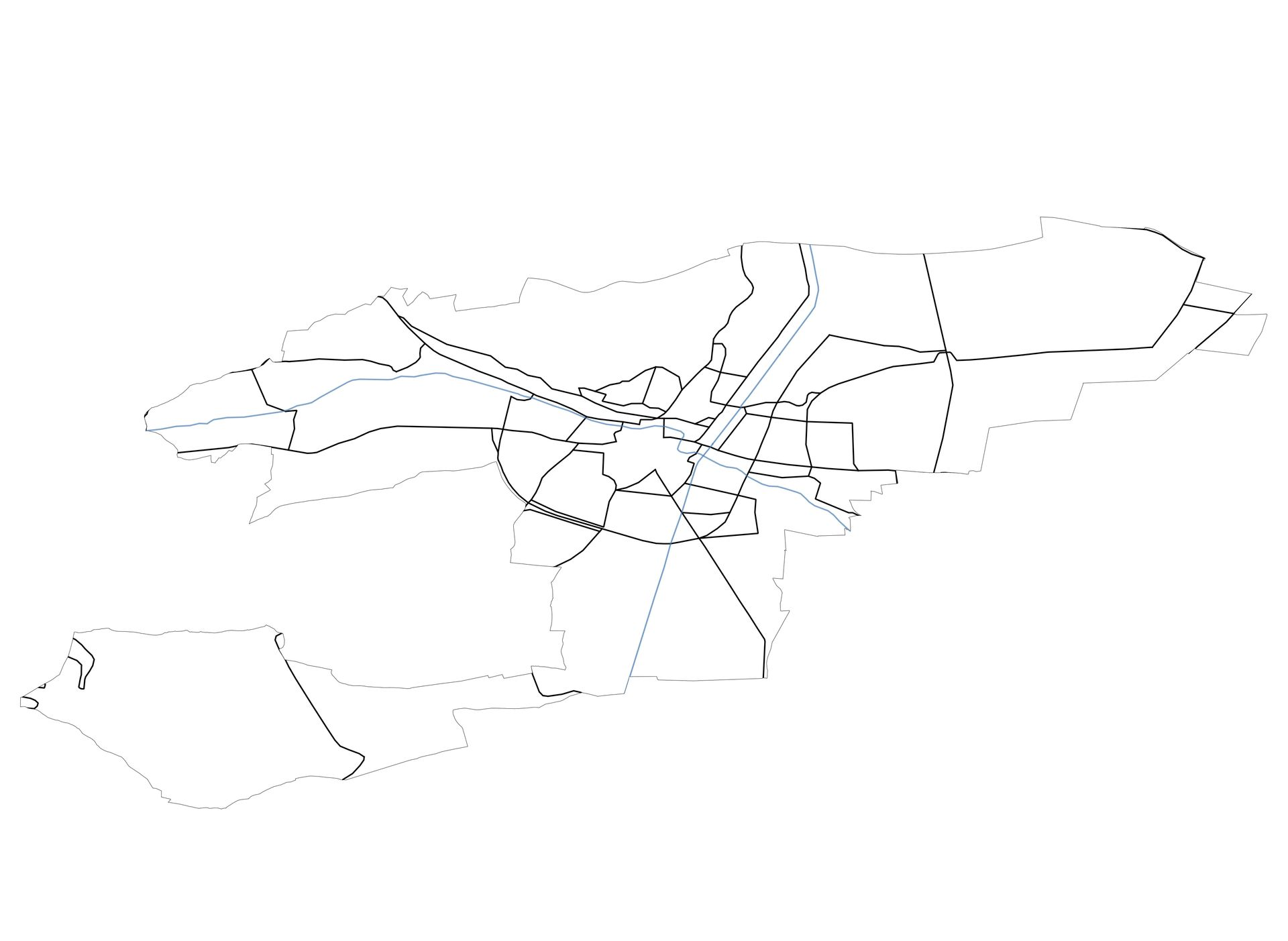 Carte en noir et blanc avec les quartiers délimités et le réseau routier, montrant une zone urbaine centrale et les districts environnants.