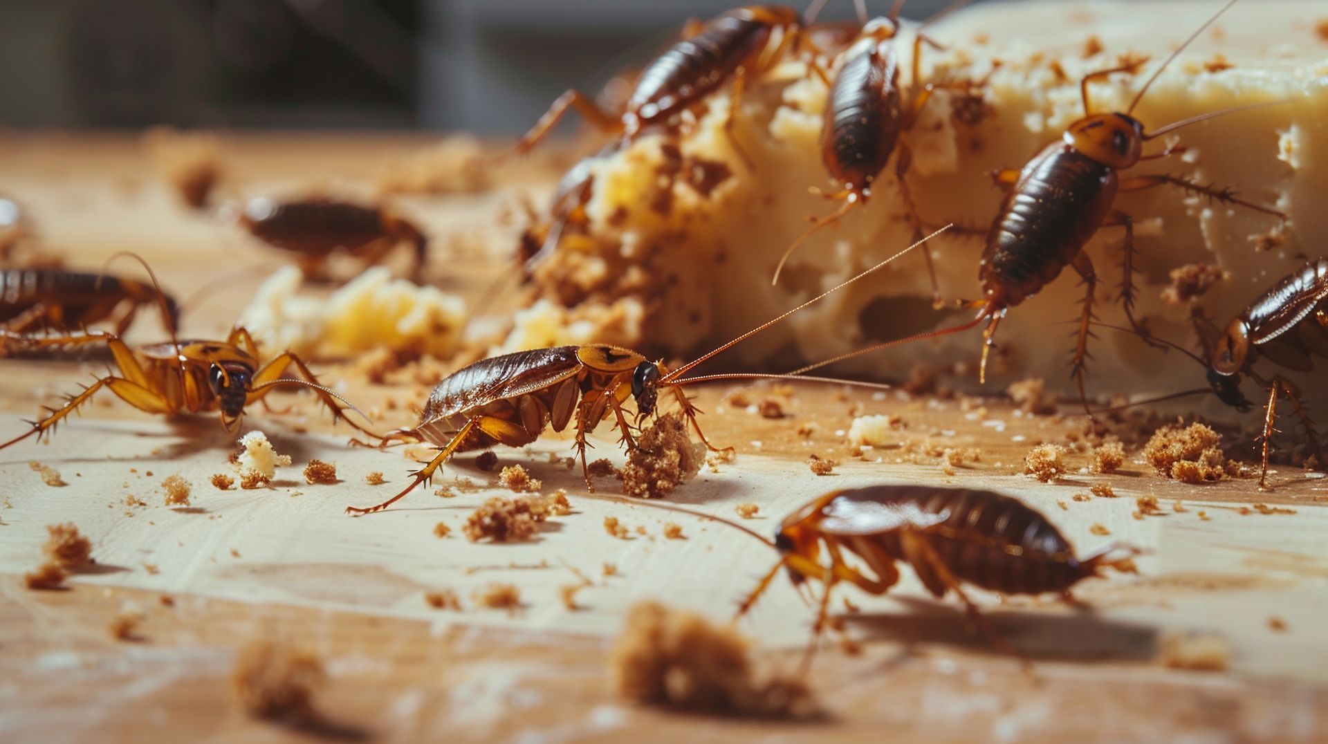 Des cafards rampent sur des miettes sur une surface en bois, avec un gros morceau de nourriture en arrière-plan.