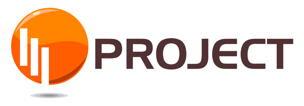 Logotipo con una esfera naranja que contiene gráficos de barras blancas y la palabra "PROYECTO" en marrón.