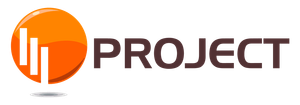 Logotipo con una esfera naranja que contiene gr&aacute;ficos de barras blancas y la palabra "PROYECTO" en marr&oacute;n.