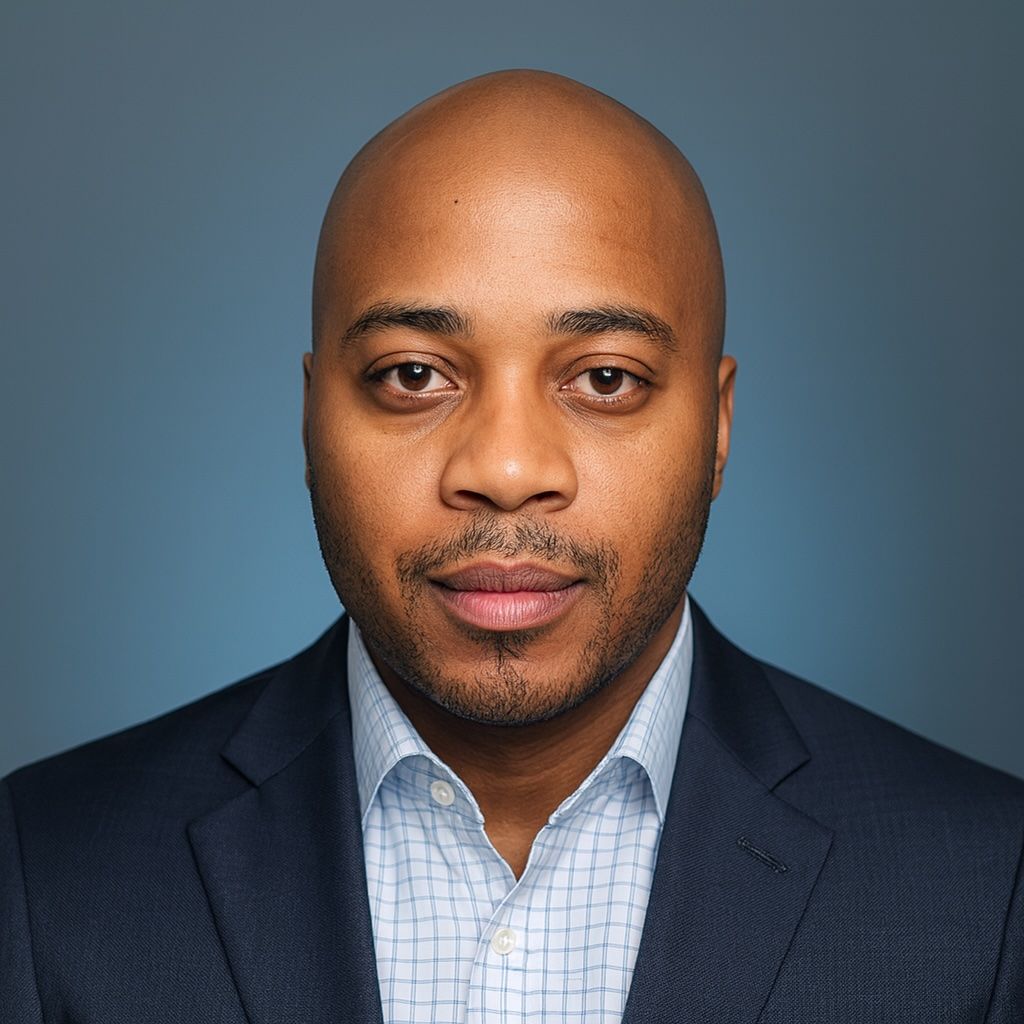 Bald Black man in a navy suit and light blue shirt, looking at the viewer.