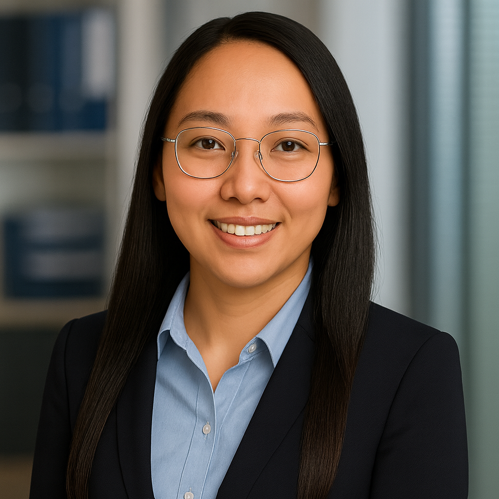 Woman in a navy blazer with arms crossed, smiling in an office.