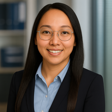 Woman in a navy blazer with arms crossed, smiling in an office.