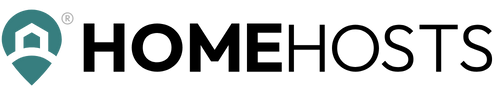 A logo for homehosts with a house on it.