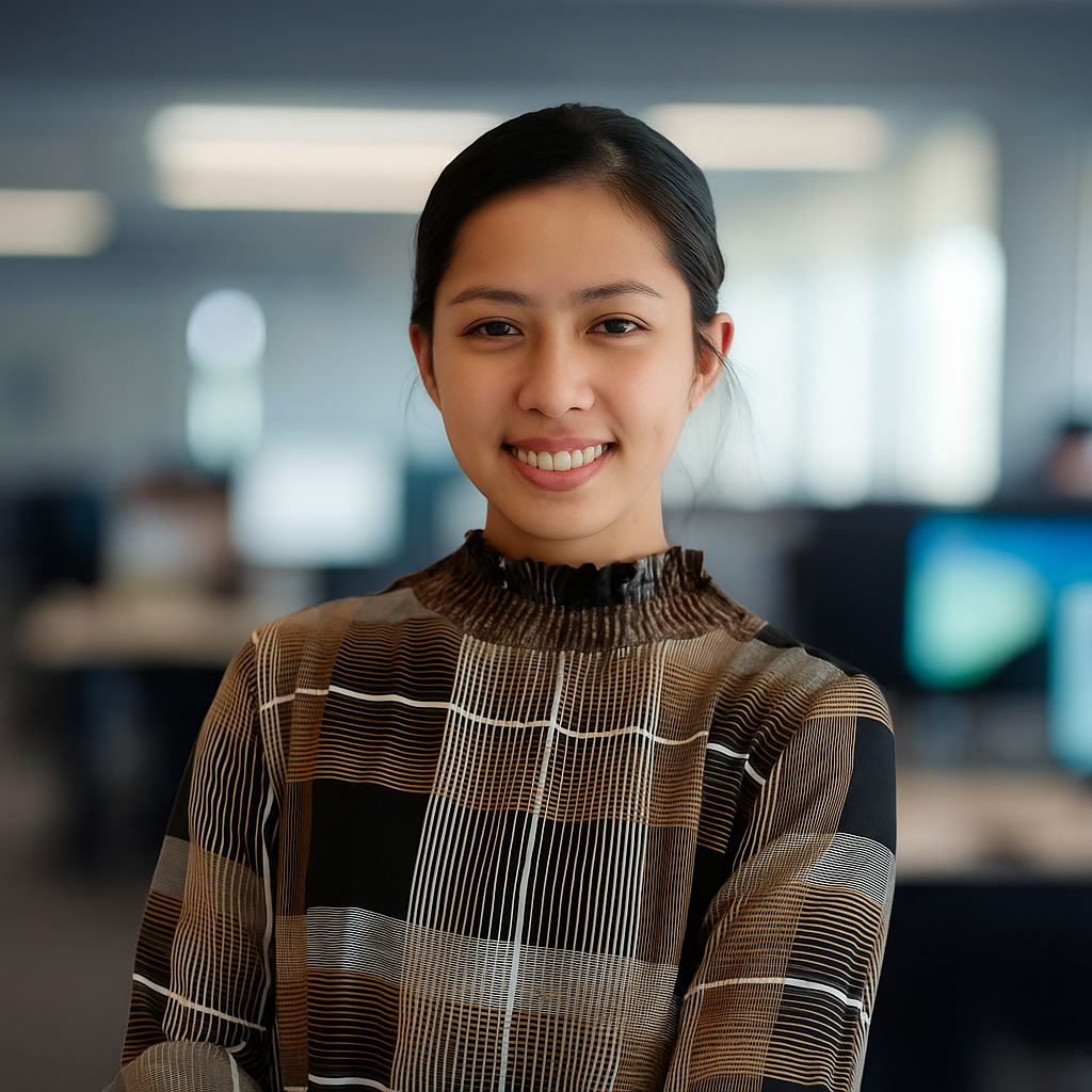 Woman in a navy blazer with arms crossed, smiling in an office.
