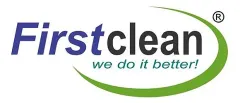 Logotipo da Firstclean: "First" em azul com "clean" em preto dentro de um arco verde, slogan "we do it better!"