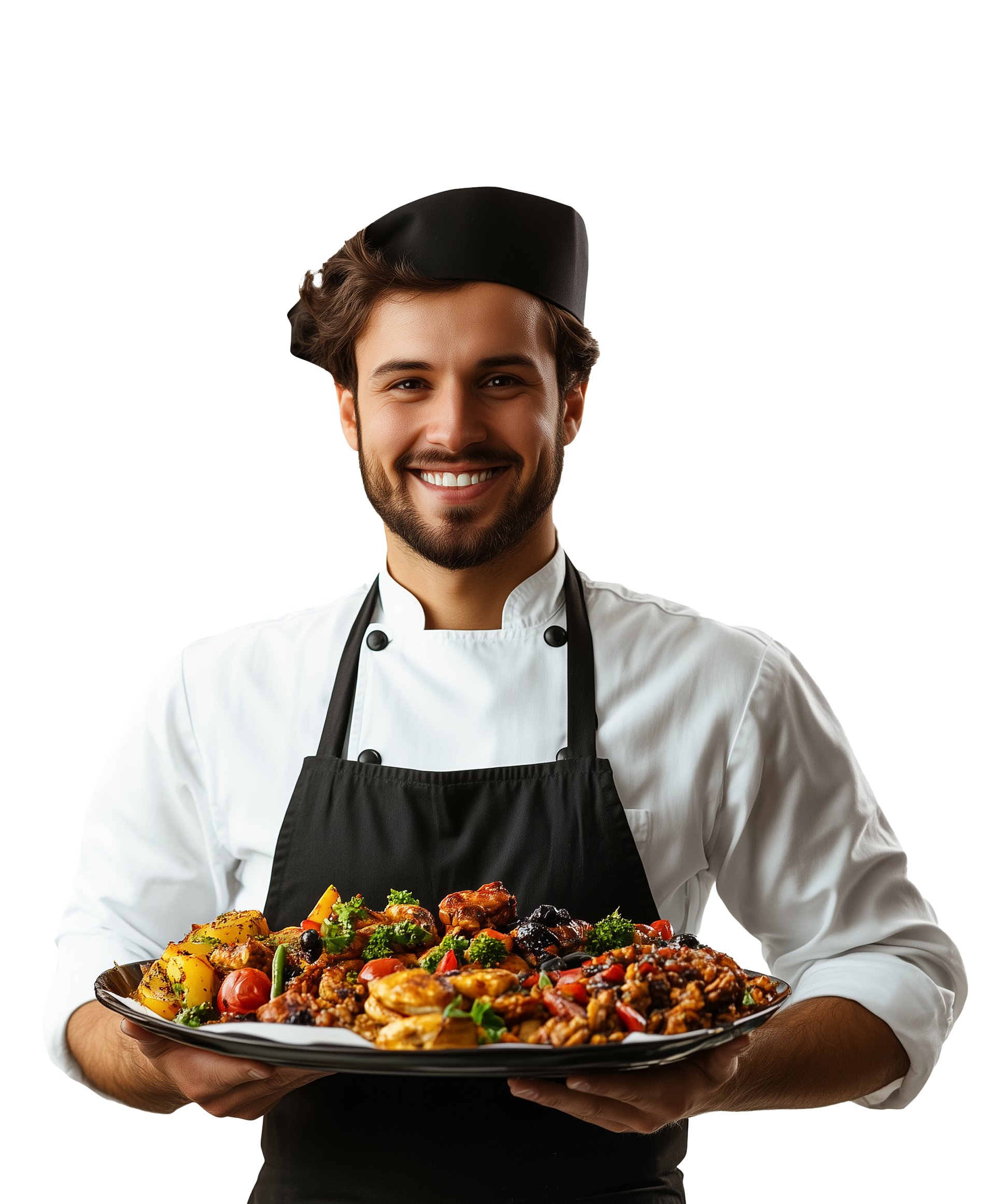 Un chef en tablier noir tient un plateau de plats colorés et sourit à l'objectif.