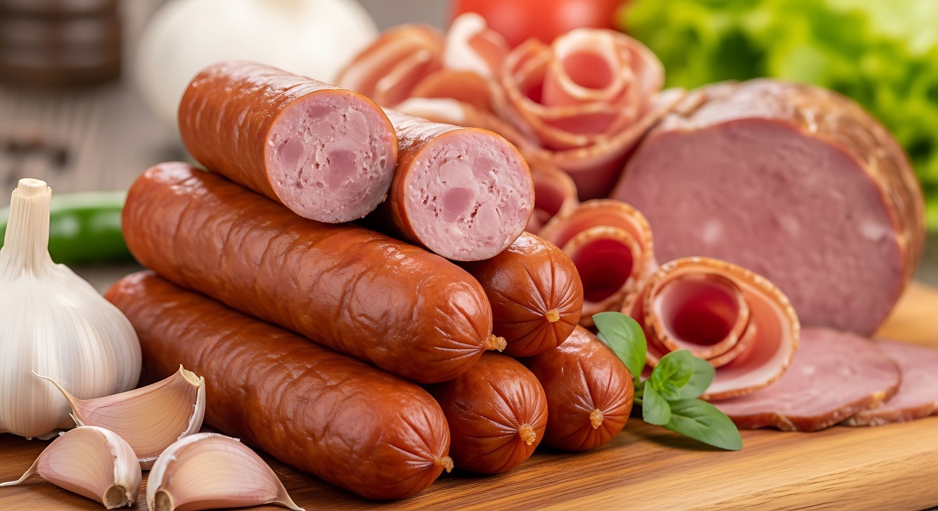 Assortiment de saucisses, charcuterie tranchée, ail et herbes aromatiques disposés sur une planche à découper en bois.