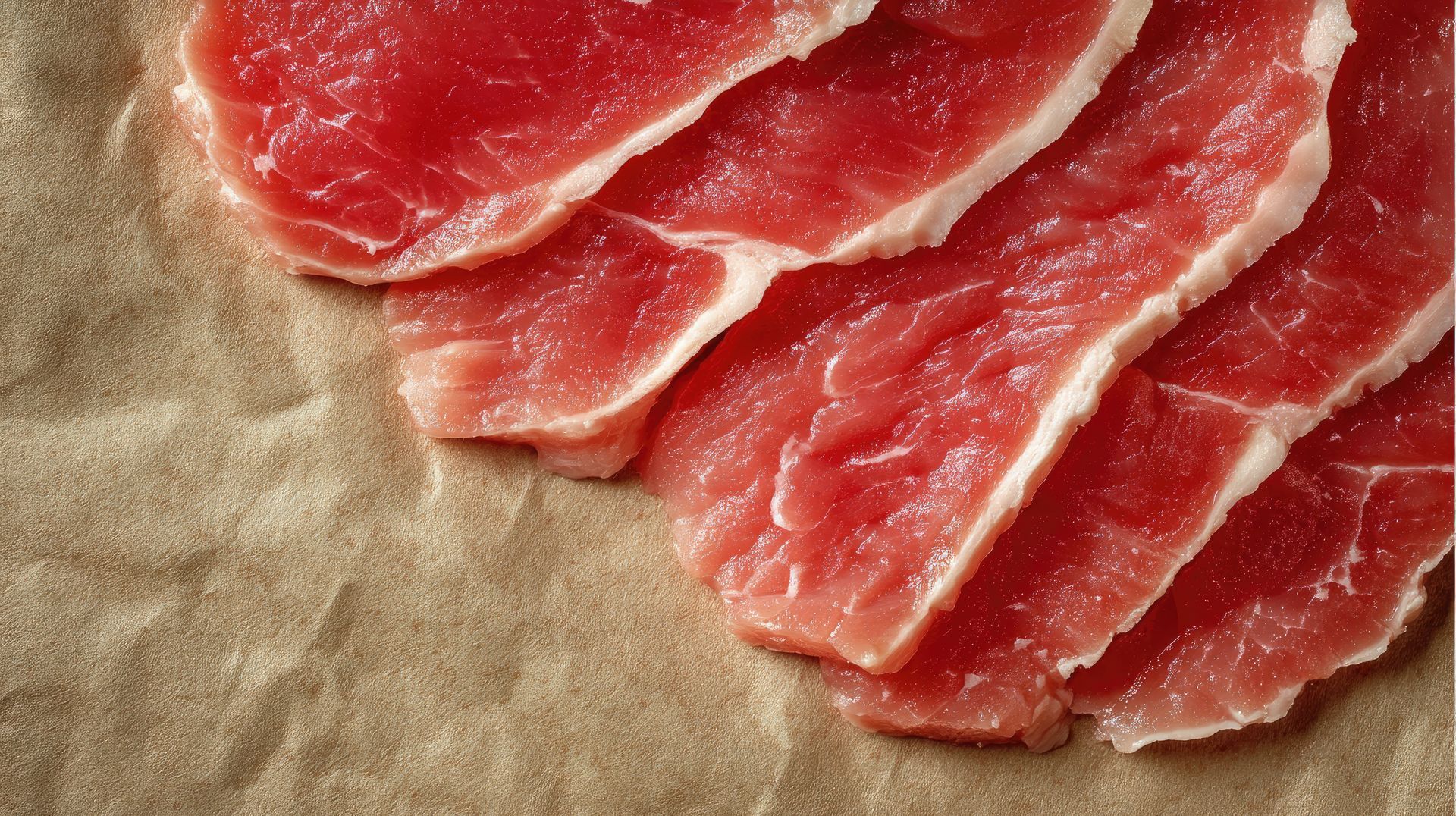 De fines tranches de viande rouge crue disposées sur du papier sulfurisé brun.