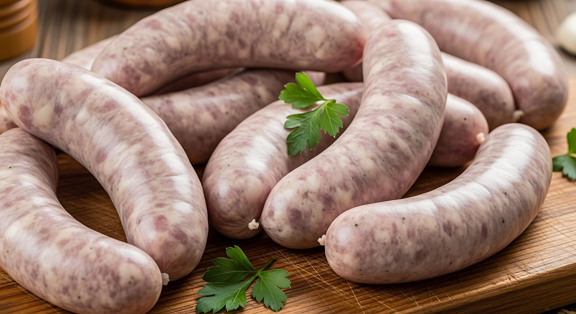 Saucisses crues pâles enroulées sur une planche en bois, garnies de persil.