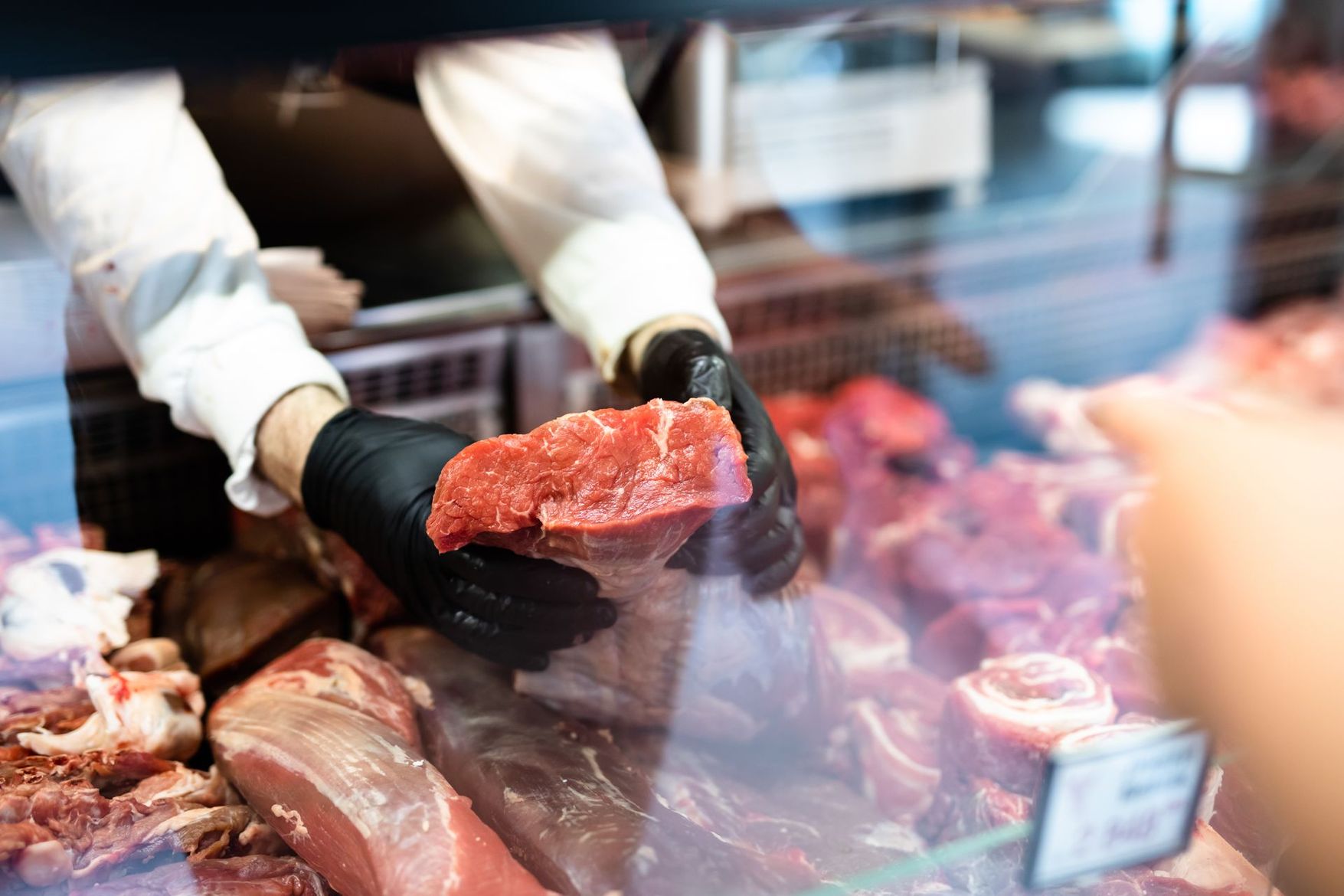 Boucher ganté tenant du bœuf cru au-dessus d'un comptoir de boucherie dans une charcuterie.