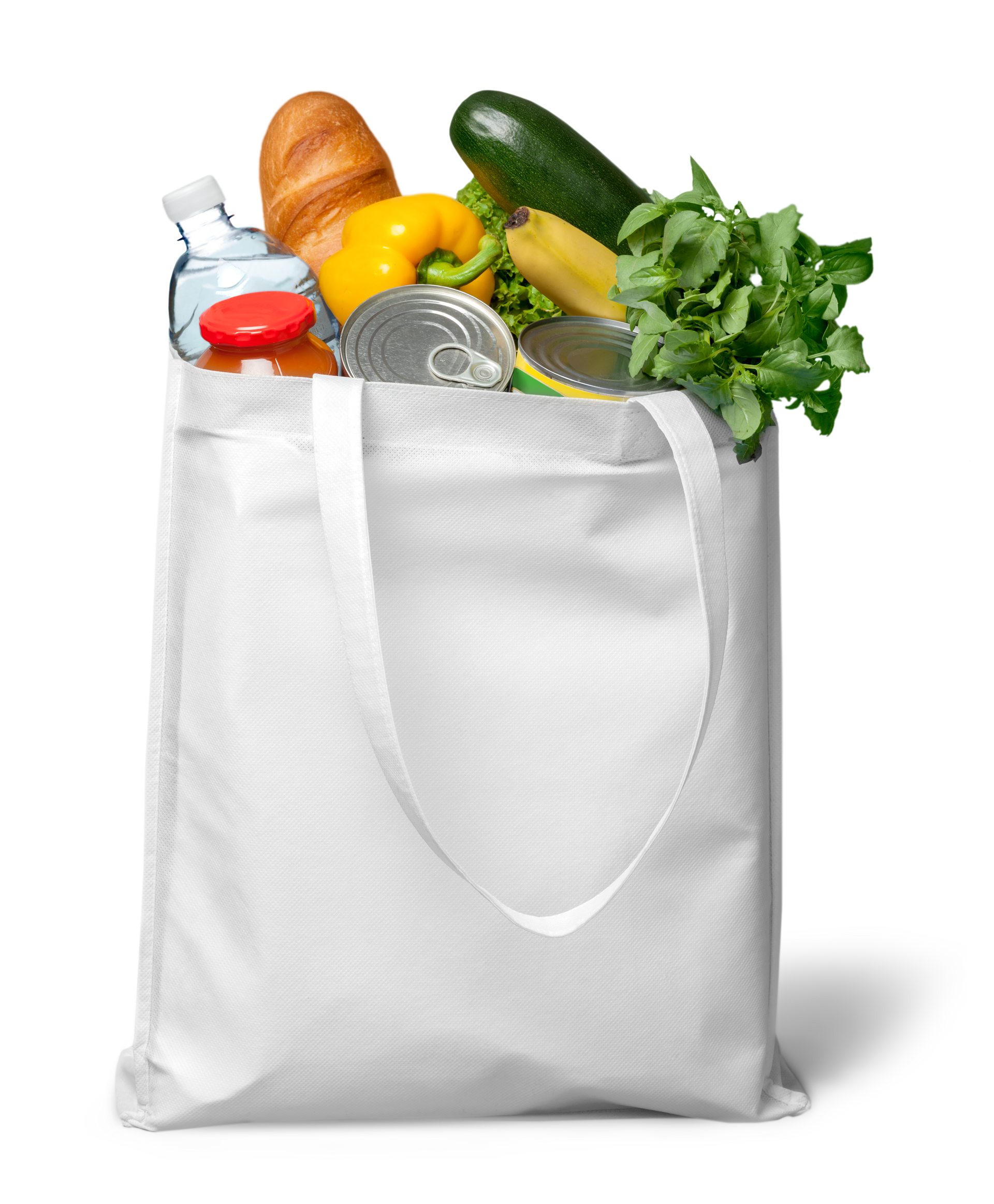 Sac à provisions réutilisable rempli de produits d'épicerie, notamment du pain, des légumes et des conserves.