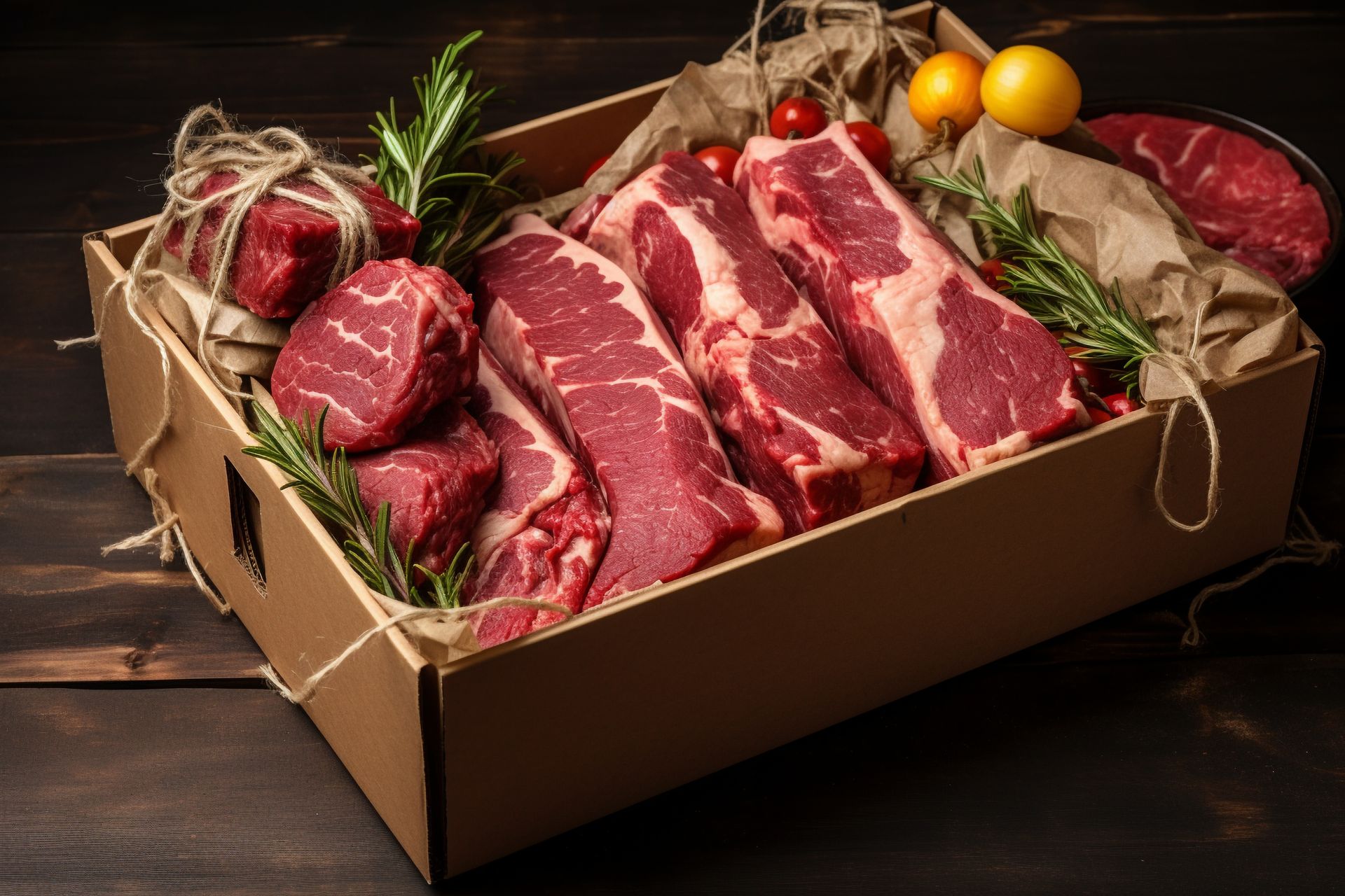 Morceaux de bœuf de qualité supérieure dans une boîte en carton avec des herbes et des tomates cerises sur une table en bois sombre.