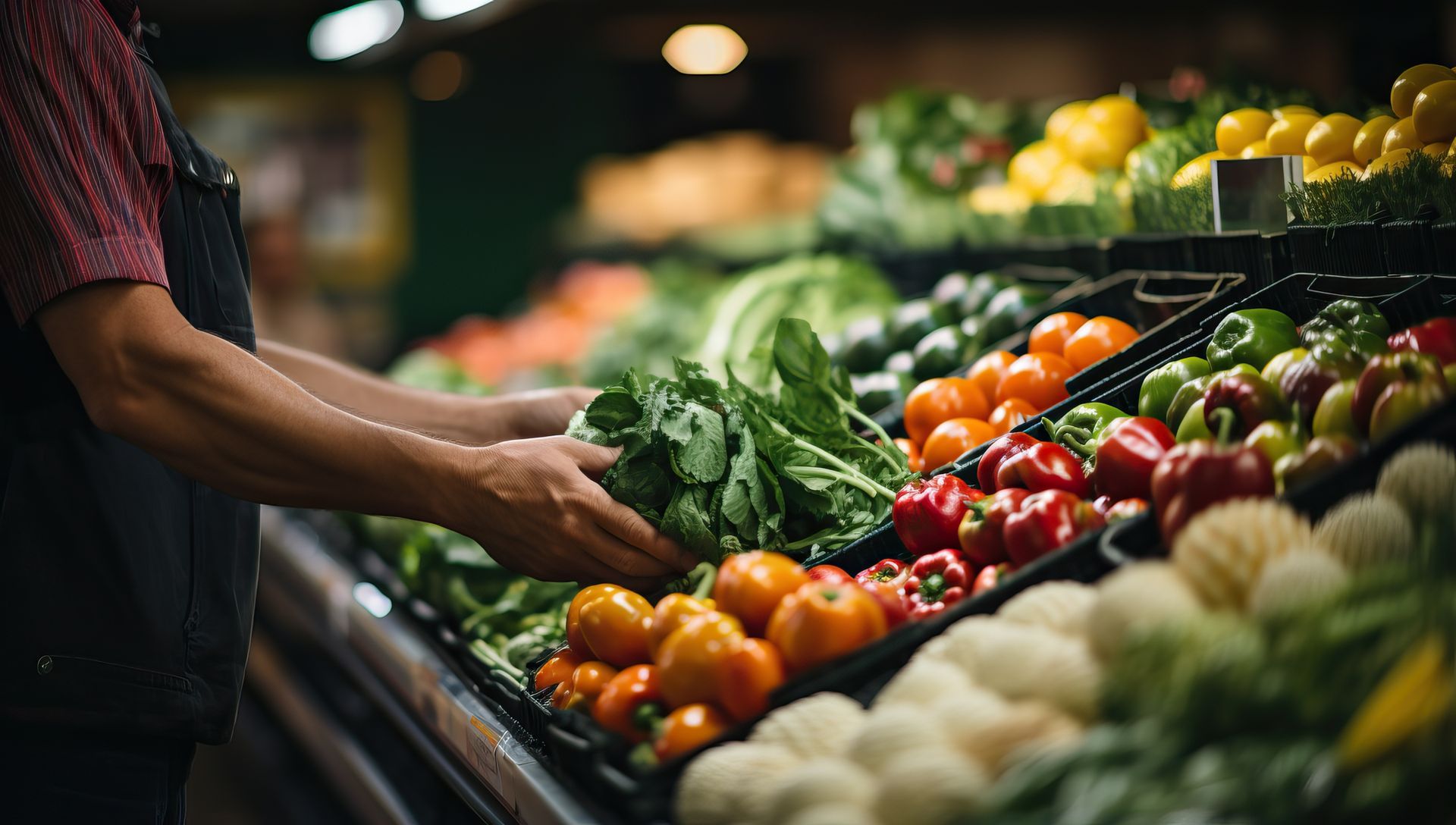 Une personne choisit des légumes sur un étalage coloré de marché de produits frais.