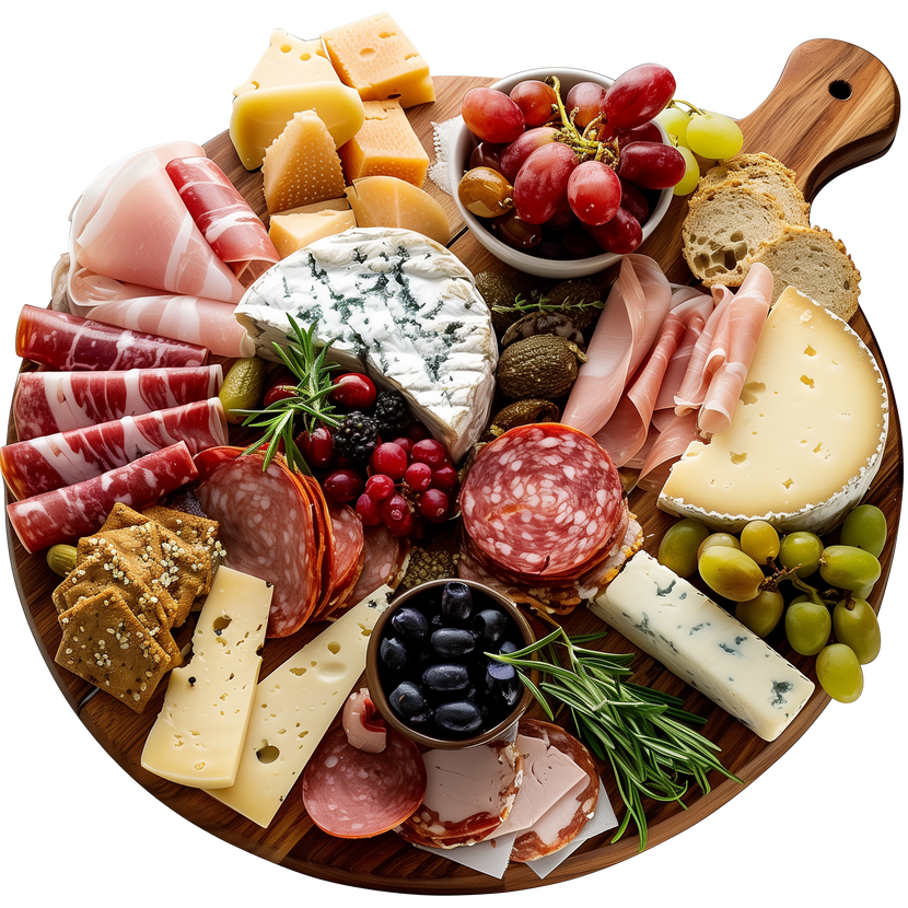 Planche de charcuterie assortie avec fromages, charcuteries, raisins, olives et crackers sur un plateau en bois.
