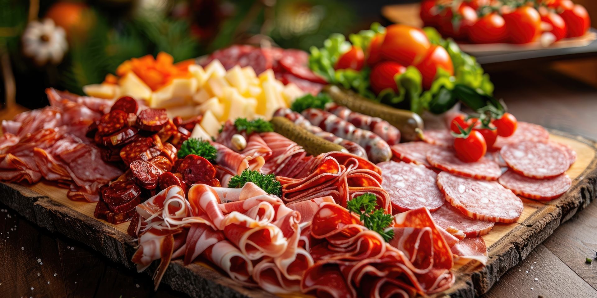 Planche de charcuterie avec charcuterie tranchée, fromage, crackers, raisins et tomates cerises.
