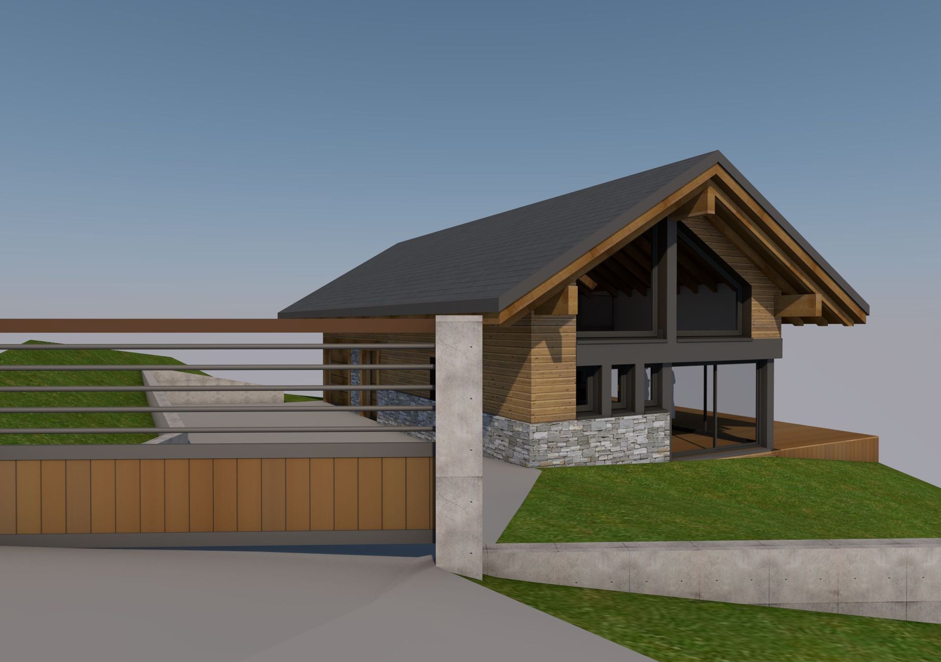 Plans 3D d'une maison à deux étages avec un portail